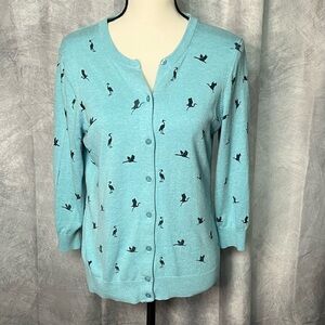 Bass Light Blue 3/4 Sleeve Cardigan with Black Egrets - size Medium